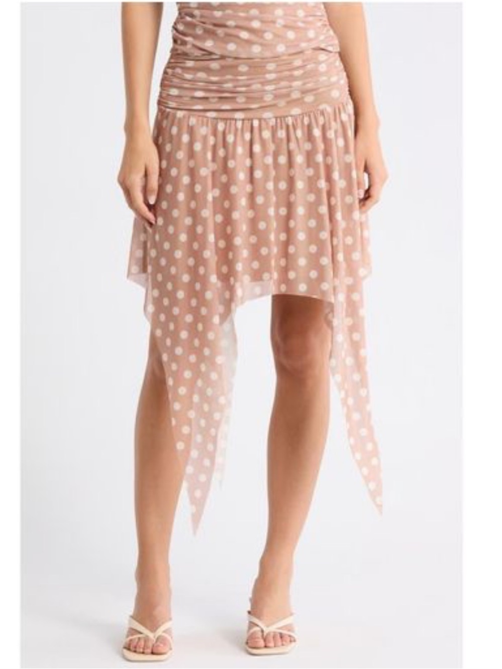 AFRM Starlette Mesh Pink Beige Polka Dot Asymmetrical Handkerchief Hem Skirt